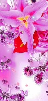 Vibrant pink floral wallpaper with jeweled butterflies