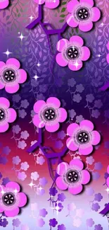 Vibrant pink floral wallpaper with purple gradient.