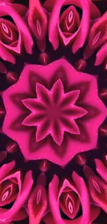 Vibrant pink floral kaleidoscope wallpaper with symmetrical patterns.