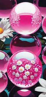 Pink floral orbs with daisies wallpaper.