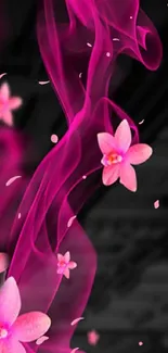 Vibrant pink flower and smoke wallpaper on dark background.