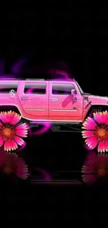 Vibrant pink SUV with floral wheels on black background.