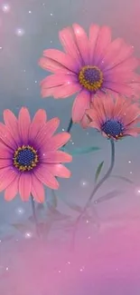 Vibrant pink flowers with purple centers on a soft background.