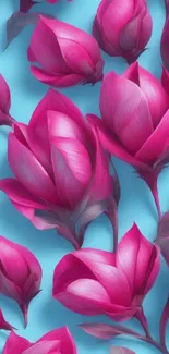 Pink flowers on a blue background creating an elegant, vibrant wallpaper.