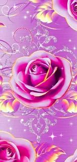 Vibrant pink rose wallpaper with purple hues and intricate glowing details.