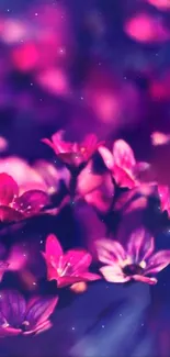 Vibrant pink flowers with a dreamy violet background.