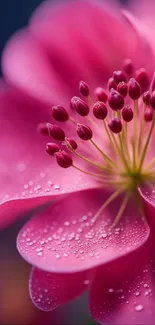 Close-up of a vibrant pink flower with dewdrops on petals.