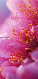 Close-up of vibrant pink flower petals with dewdrops.