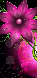 Vibrant pink flower with green swirls on a dark background.