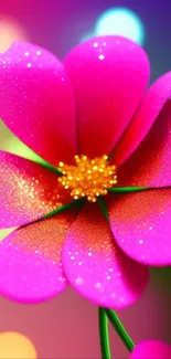 Vibrant pink flower with sparkling petals on a gradient background.