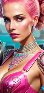 Futuristic pink-themed woman in elegant attire, digital art wallpaper.