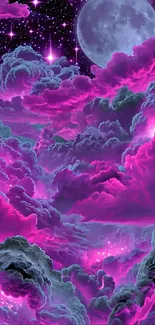 Vibrant pink clouds with a moonlit sky and stars.