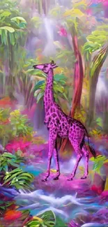 Vibrant pink giraffe in lush jungle scene, colorful mobile wallpaper.