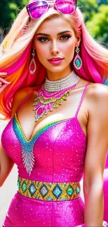 Vibrant woman in pink dress with rainbow hair and accessories.