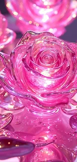 Vibrant pink glass rose decoration reflecting light.