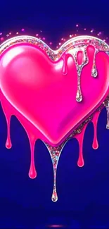 A vibrant pink heart with shimmering drips on a deep blue background.