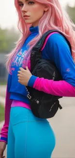 Girl with pink hair in blue and pink fashion attire, outdoor setting.