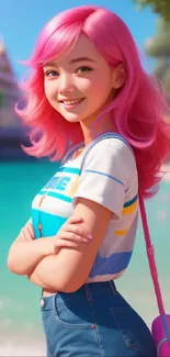 Cheerful character with pink hair by the beach, vibrant art.