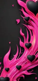 Vibrant wallpaper with pink flames and black hearts.