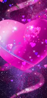 Vibrant pink heart in a starry galaxy wallpaper.