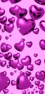 Glossy pink hearts scattered on a vibrant pink background.