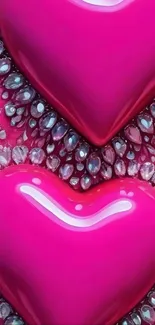 Glossy pink heart with gemstones on wallpaper