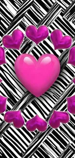 Pink heart surrounded by smaller hearts on geometric background.
