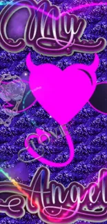 Vibrant pink heart with neon accents and love-themed design on a purple background.