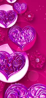 Vibrant pink hearts and flowers wallpaper.