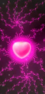 Vibrant pink heart with electric fractal patterns on a dark background.