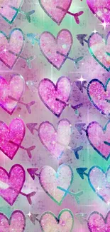 Vibrant pink hearts with arrows on whimsical wallpaper.