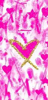 Vibrant pink heart wallpaper with stars and glitter accents.