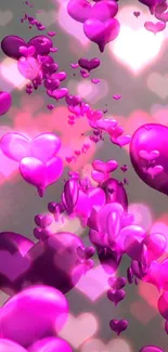 Vibrant pink balloon hearts float on a serene background.