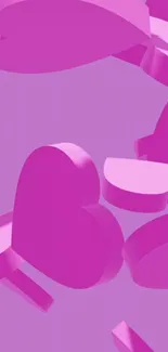 Pink 3D hearts on a vibrant purple background wallpaper.