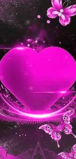 Bright pink heart with butterflies on a mobile wallpaper background.