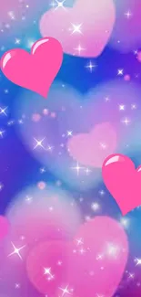 Vibrant pink hearts with a dreamy sparkling background.