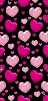 Vibrant pink hearts with glitter effects on black background.