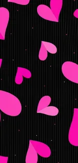 Vibrant wallpaper with hot pink hearts on a dark striped background.