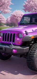 Pink Jeep with cherry blossoms in background, vibrant and scenic.