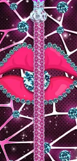 Vibrant pink lips and gem adorned mobile wallpaper.