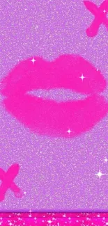 Mobile wallpaper with pink lips and glittery purple background.