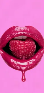 Pink lips with raspberry on pink background mobile wallpaper.