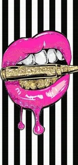 Vibrant pink lips holding a golden bullet on striped background.