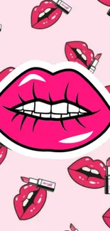 Vibrant pink lips pop art wallpaper with lipstick and patterned background.