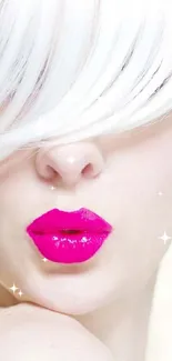 Pop art style with pink lips and white hair on a mobile wallpaper.