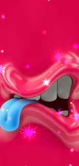 Vibrant pink lips with a blue tongue and colorful stars on a mobile wallpaper.