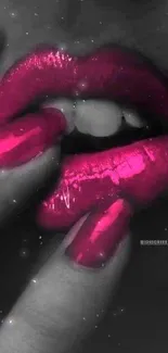 Vibrant pink lips and nails on a dark background mobile wallpaper.