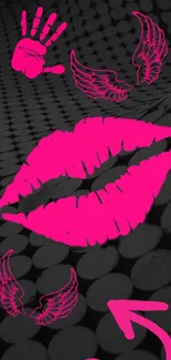 Abstract wallpaper with vibrant pink lips and icons on a dark background.