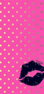 Bright pink wallpaper with polka dots and lip art.