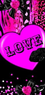 Vibrant pink heart with animal print wallpaper.